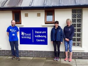 James from Hertfordshire Mind Network with Erica and Heather from JogOn outside the Dacorum Wellbeing Centre